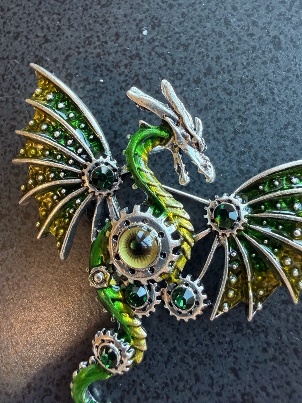 Green Steampunk Dragon Brooch, Gear Accents, Cabochon eye, Fantasy, Gothic, 3”
